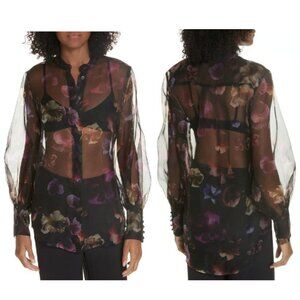 EQUIPMENT Boleyn Button-front Floral-print Sheer Silk Blouse In True Black Multi